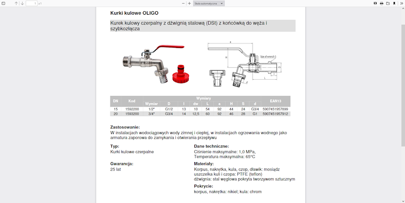 OLIGO Kurek kulowy czerpalny z dławikiem z dźwignią stalową (DSt) z końcówką do węża i szybkozłącza 3/4" 1593200 Valvex