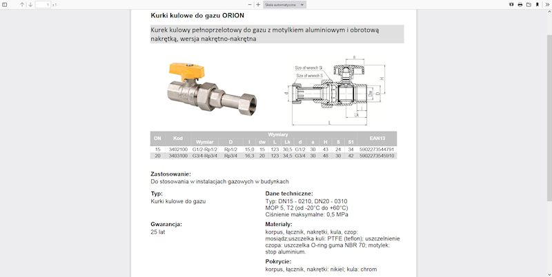 ORION Kurek kulowy z obrotową nakrętką do gazu 1/2" 1/2" 3402100 Valvex