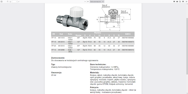VECTOR Zawór termostatyczny prosty niklowany z ruchomą przysłoną FP15 typ ZT22 1/2'' 4412010 Valvex