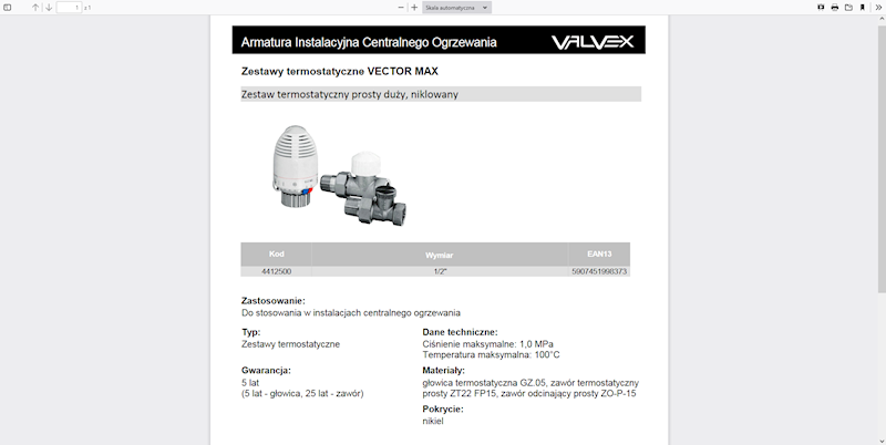 VECTOR MAX Zestaw termostatyczny prosty duży (ZT22FP15, GZ05, ZO-P-15nikl)  1/2'' 4412500 Valvex
