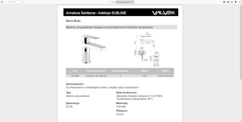 2414200 ESTO Bateria umywalkowa stojąca z automatycznym korkiem spustowym Valvex
