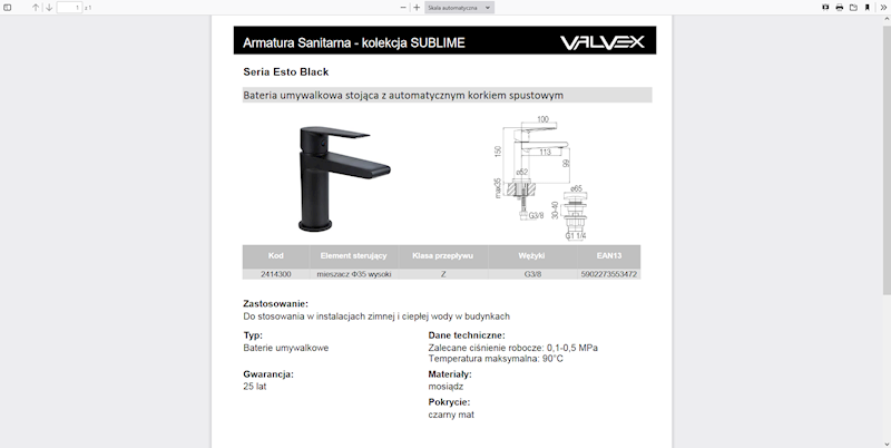 2414300 ESTO BLACK Bateria umywalkowa stojąca z automatycznym korkiem spustowym Valvex czarna