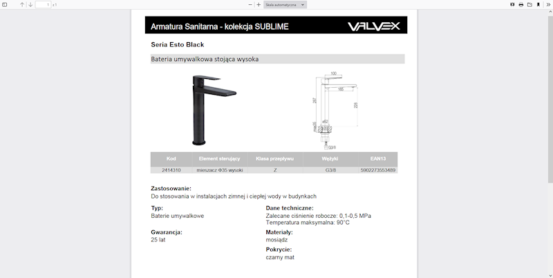 2414310 ESTO BLACK Bateria umywalkowa stojąca wysoka spustowym Valvex czarna