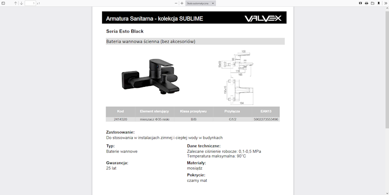 2414320 ESTO BLACK Bateria wannowa ścienna bez akcesoriów Valvex czarna