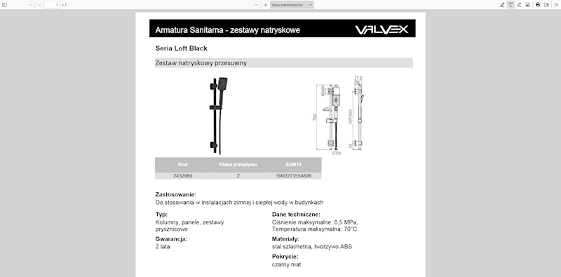 2432960 LOFT BLACK Zestaw natryskowy przesuwny 3-funkcyjny Valvex