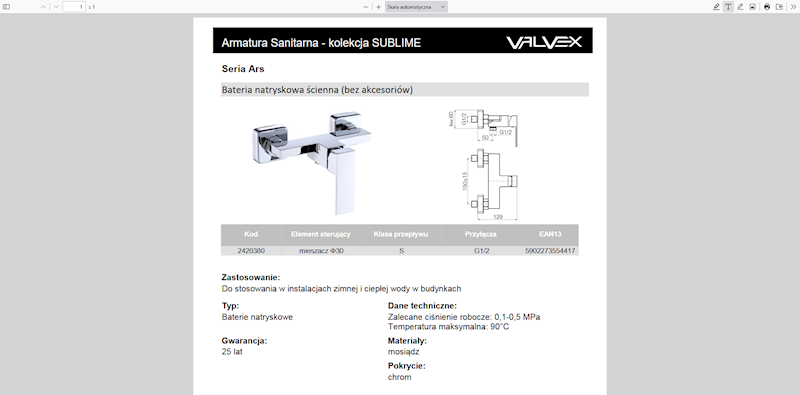 2420380 ARS Bateria natryskowa bez akcesoriów chromowana Valvex