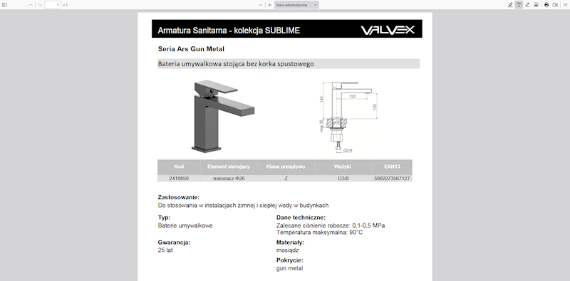 2419850 ARS Gun Metal Bateria umywalkowa stojąca bez korka spustowego pokrycie gun metal Valvex