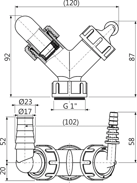P149Z ALCAPLAST Podwójne kolano G 1" / 8 – 23 z zaworem KOŃCÓWKA SYFONU PRALKI I ZMYWARKI GW 1"