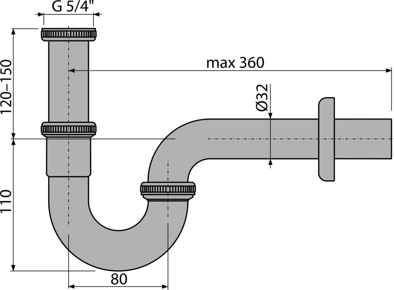 A4320 ALCAPLAST Półsyfon umywalkowy „U“ DN 32 z nakrętką 5/4" metal