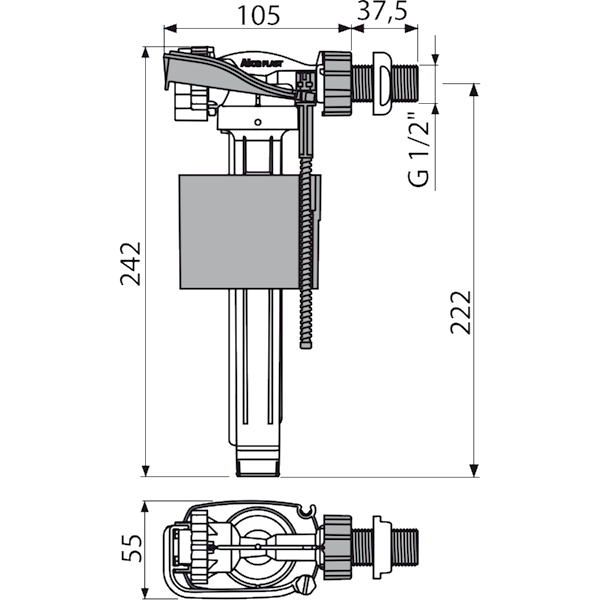 A160-1/2" ALCAPLAST Zawór napełniający boczno zasilany z metalową końcówką 1/2" ( zbiorniki ceramiczne ) dolnopłuka