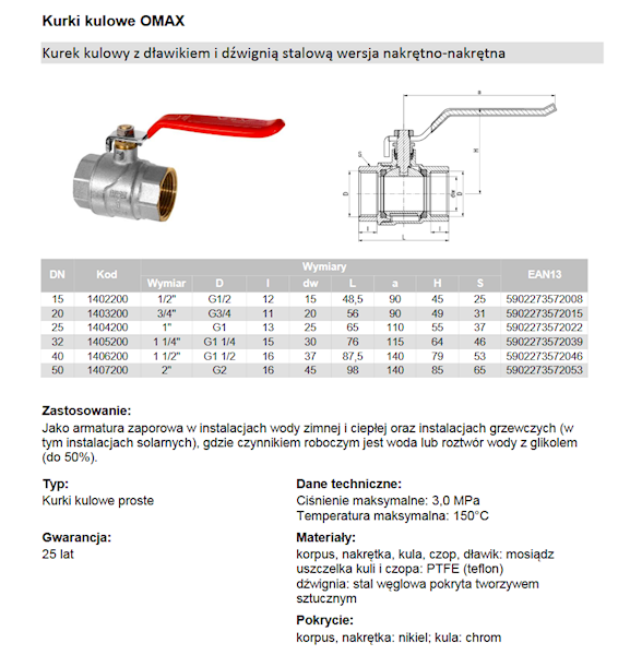 3/4" OMAX Kurek kulowy z dławikiem z dźwignią stalową (DSt) (wersja N-N) 1403200 Valvex