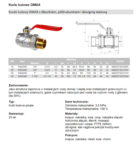 3/4" OMAX Kurek kulowy z dławikiem z półśrubunkiem z dźwignią stalową (DSt) 1403240 Valvex