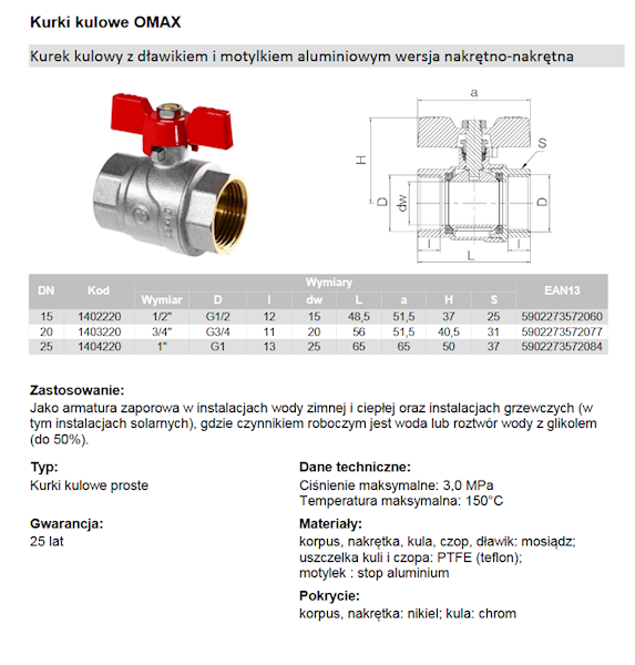 1" OMAX Kurek kulowy z dławikiem z motylkiem aluminiowym (MAl) (wersja N-N) 1404220 Valvex