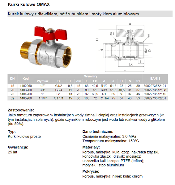 5/4" OMAX Kurek kulowy z dławikiem z półśrubunkiem z motylkiem aluminiowym (MAl) 1405260 Valvex