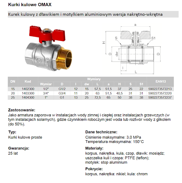 1/2" OMAX Kurek kulowy z dławikiem z motylkiem aluminiowym (MAl) (wersja N-W) 1402300 Valvex