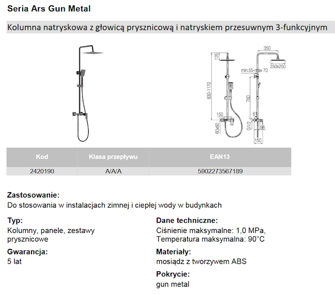 2420190 ARS Gun Metal Kolumna natryskowa Valvex