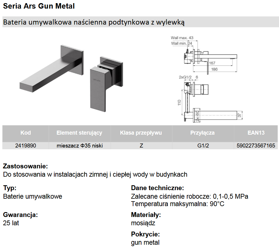 2419890 ARS Gun Metal Bateria umywalkowa podtynkowa Valvex