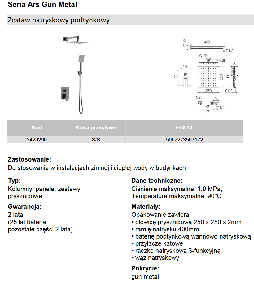 2420290 ARS Gun Metal zestaw natryskowy podtynkowy Valvex