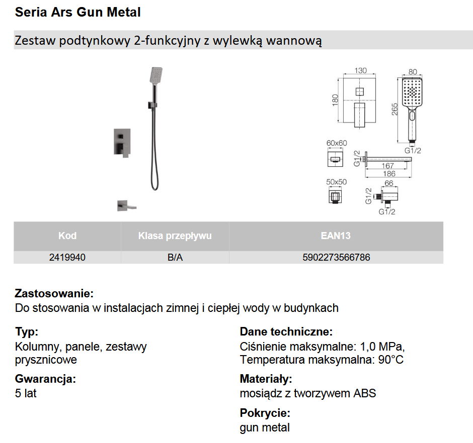2419940 ARS Gun Metal Zestaw podtynkowy 2-funkcyjny z wylewką wannową Valvex