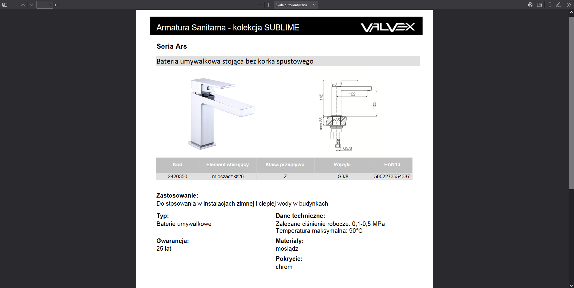 2420350 ARS bateria umywalkowa stojąca bez korka spustowego chromowana Valvex