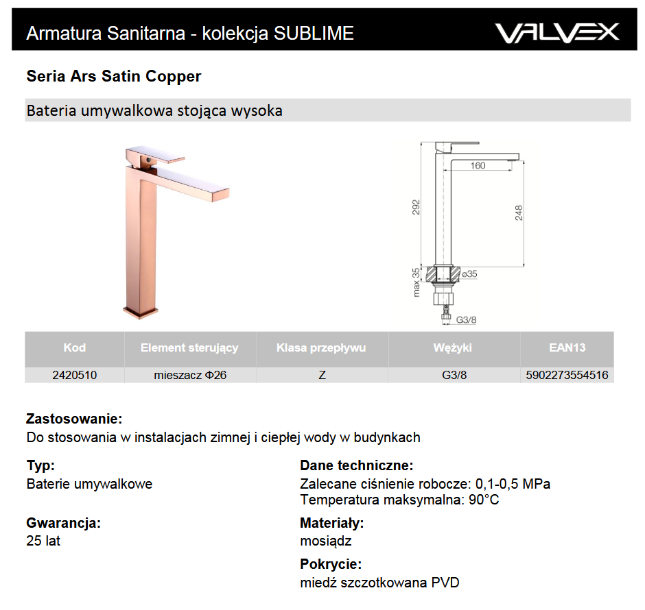 2420510 ARS SATIN COPPER bateria umywalkowa stojąca z korkiem spustowym WYSOKA miedź szczotkowana Valvex