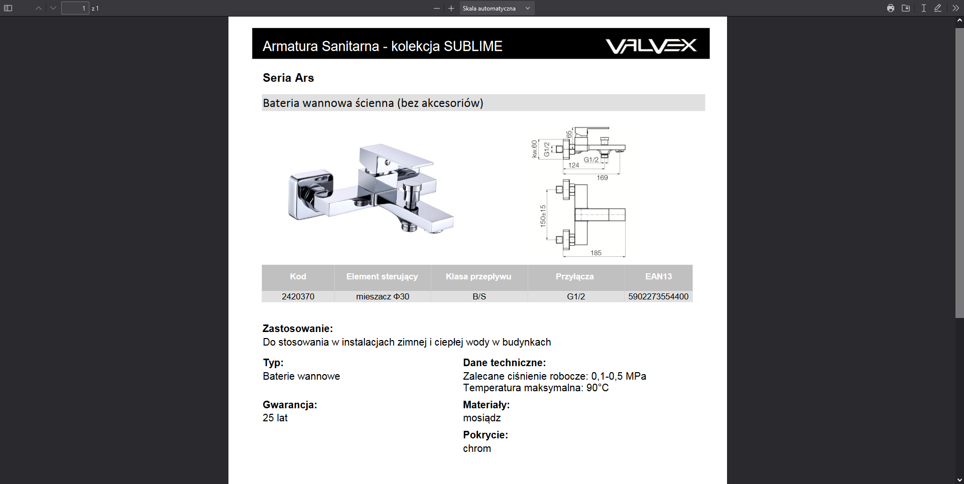 2420370 ARS CHROME bateria wannowa ścienna BEZ AKCESORIÓW chromowana Valvex