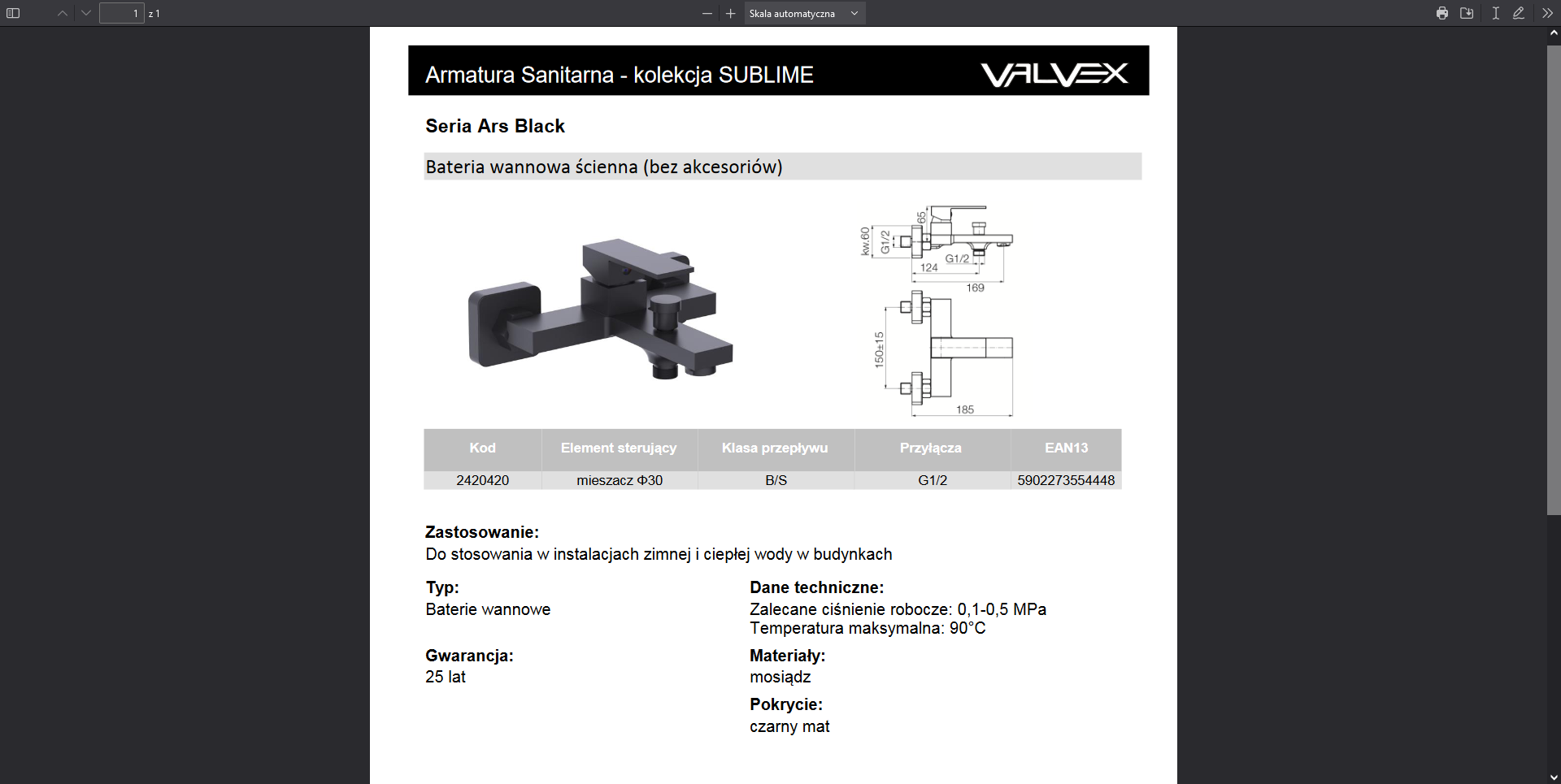 2420420 ARS BLACK bateria wannowa ścienna BEZ AKCESORIÓW czarna Valvex