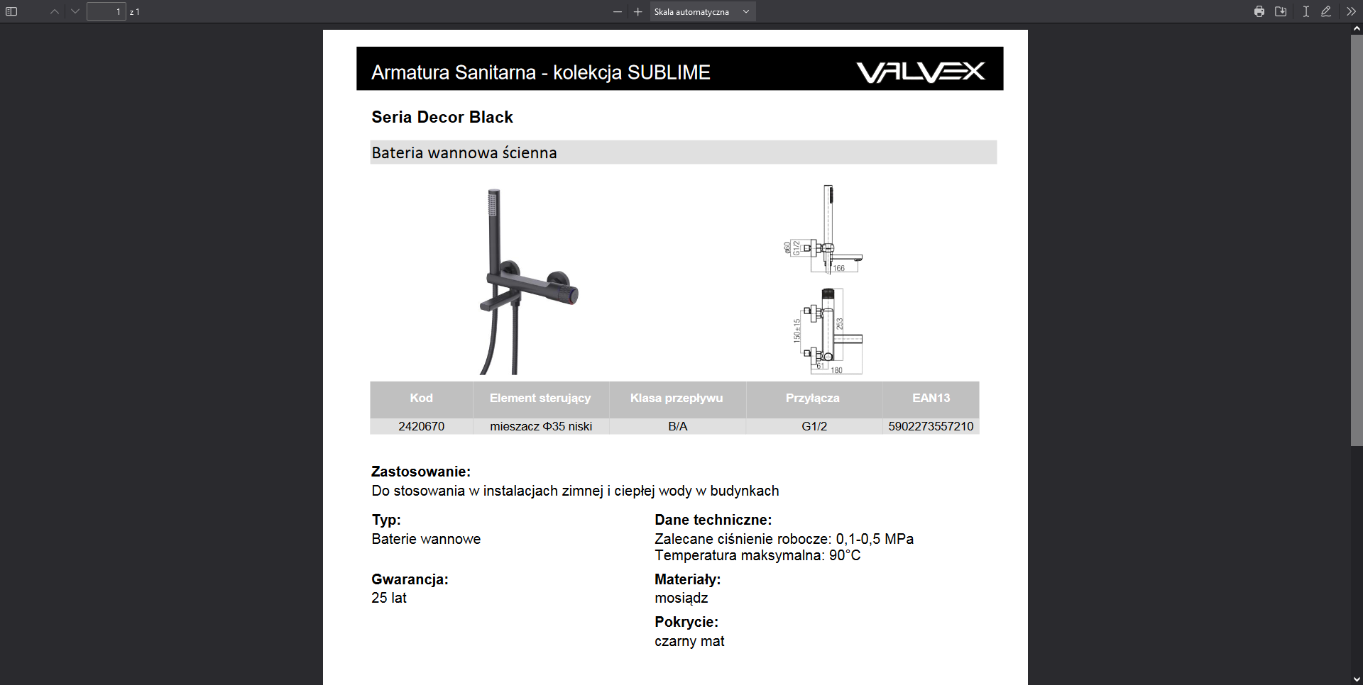 2420670 DECOR BLACK bateria wannowa ścienna Z ZESTAWEM AKCESORIÓW czarna Valvex