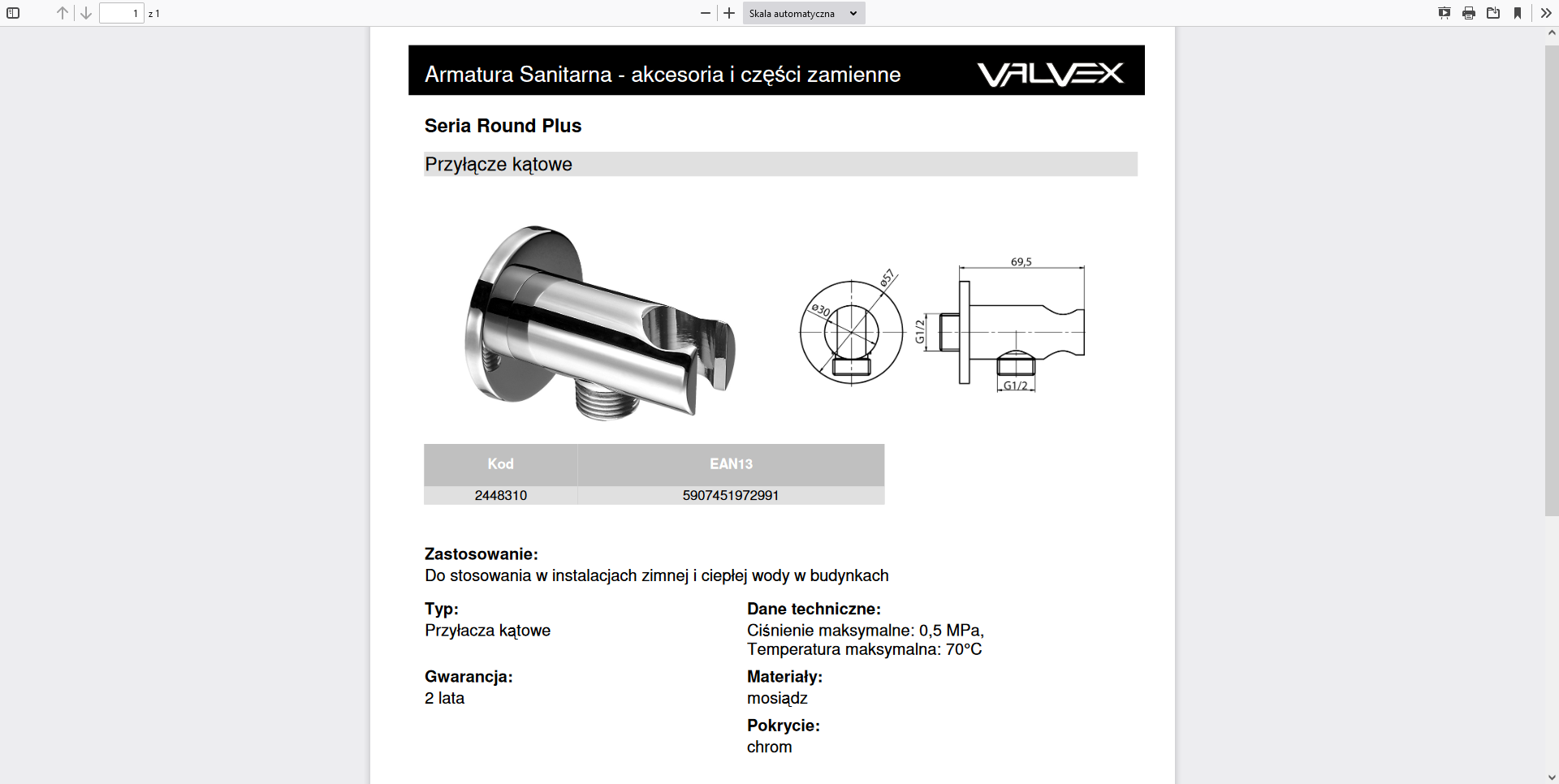 2448310 ROUND PLUS CHROME przyłącze kątowe chromowane Valvex