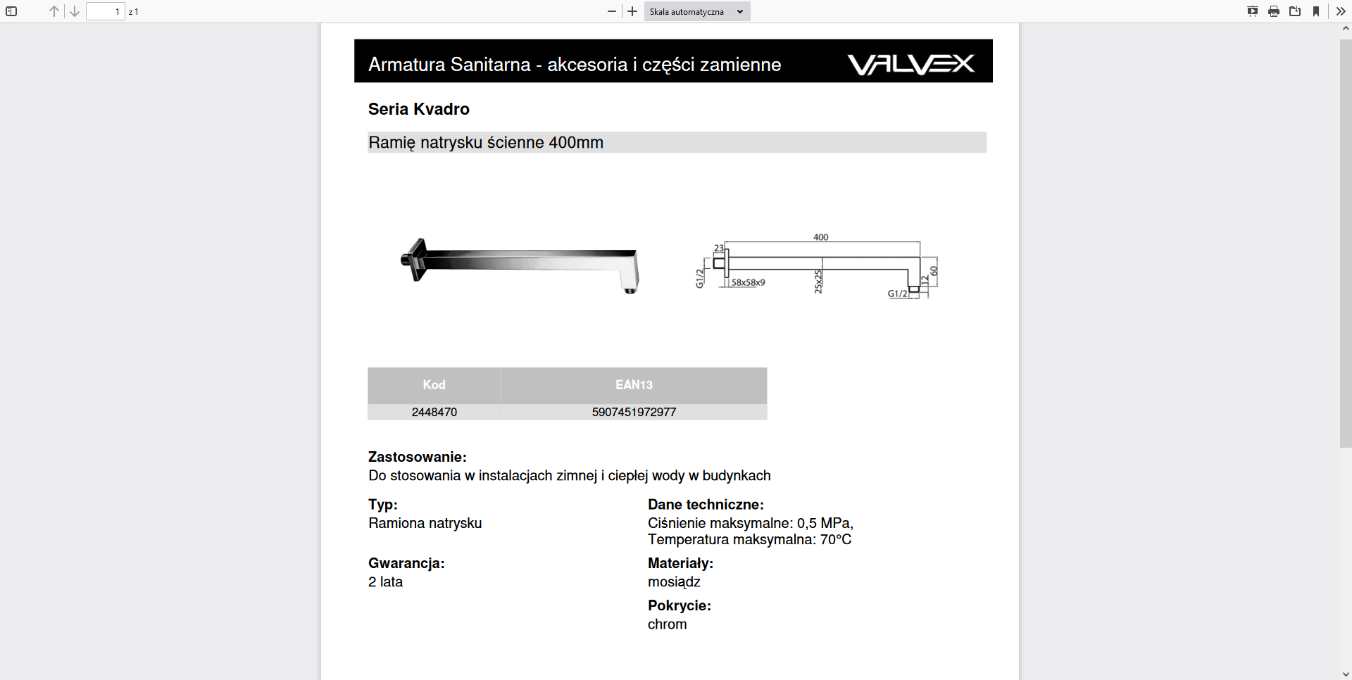 2448470 KVADRO CHROME ramię natrysku ścienne chromowane Valvex