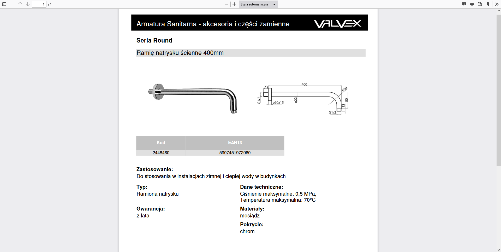 2448460 ROUND CHROME ramię natrysku ścienne chromowane Valvex