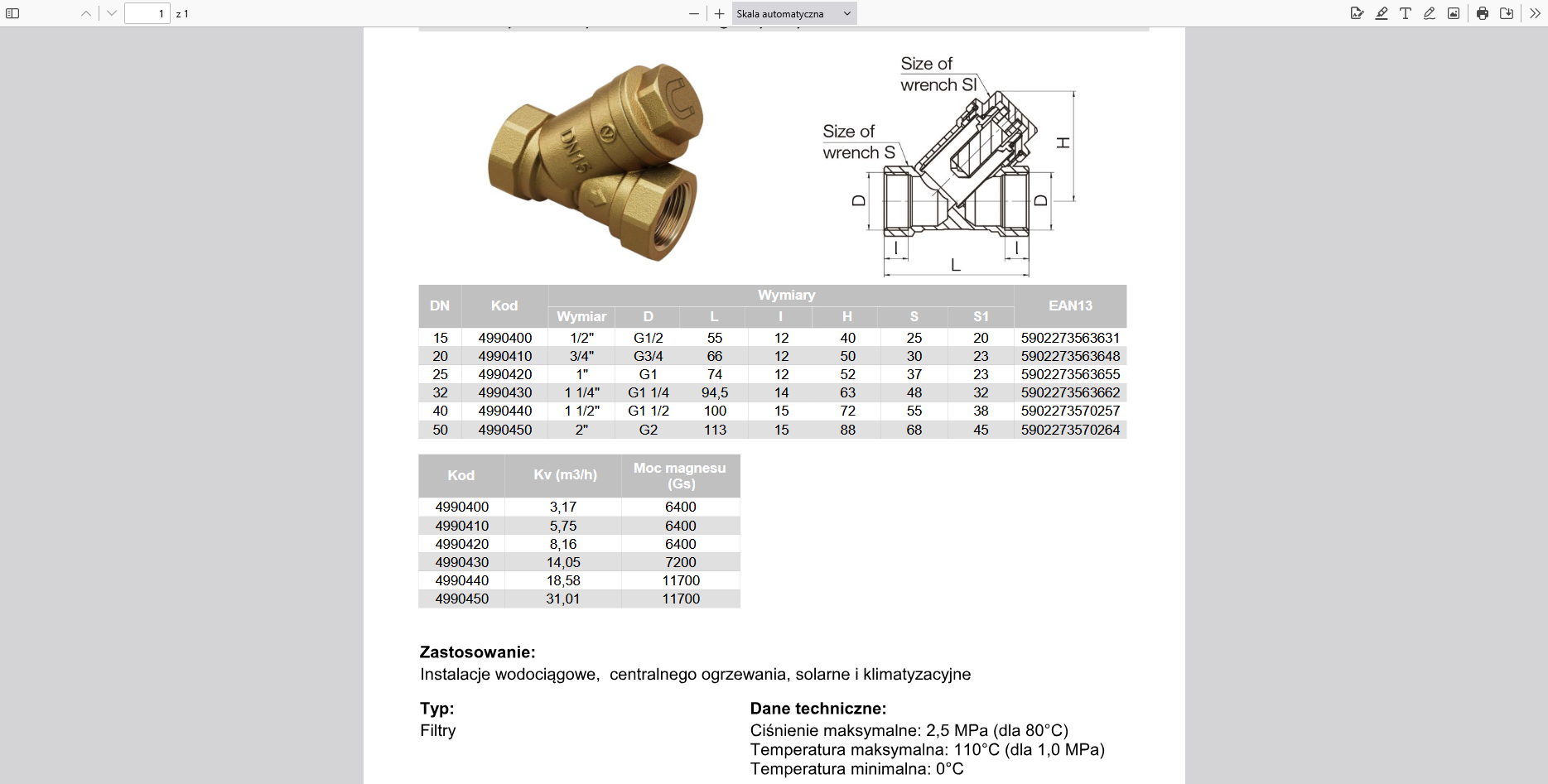 Filtr skośny do wody z wkładem magnetycznym 1/2" VALVEX 4990400 PIZA-M