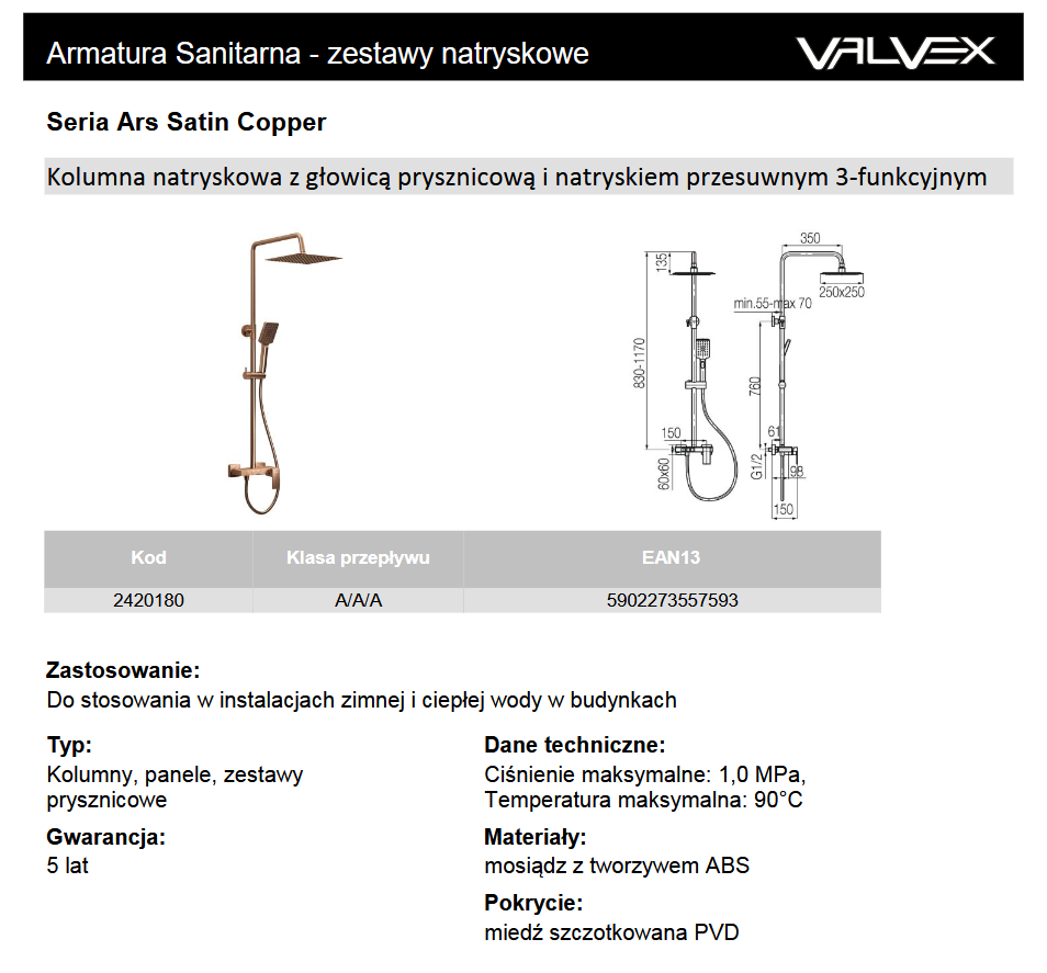 2420180 ARS SATIN COPPER kolumna natryskowa z ukrytą w korpusie wylewką miedź szczotkowana Valvex