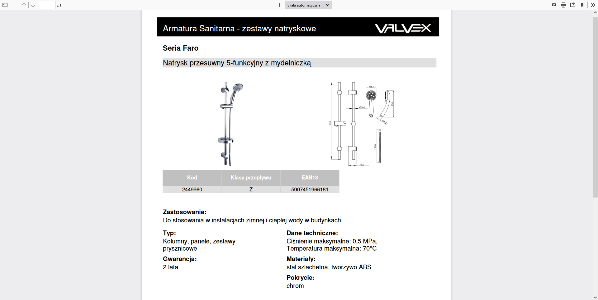 2449960 FARO CHROME zestaw natryskowy przesuwny z mydelniczką 5 funkcyjny chromowany Valvex