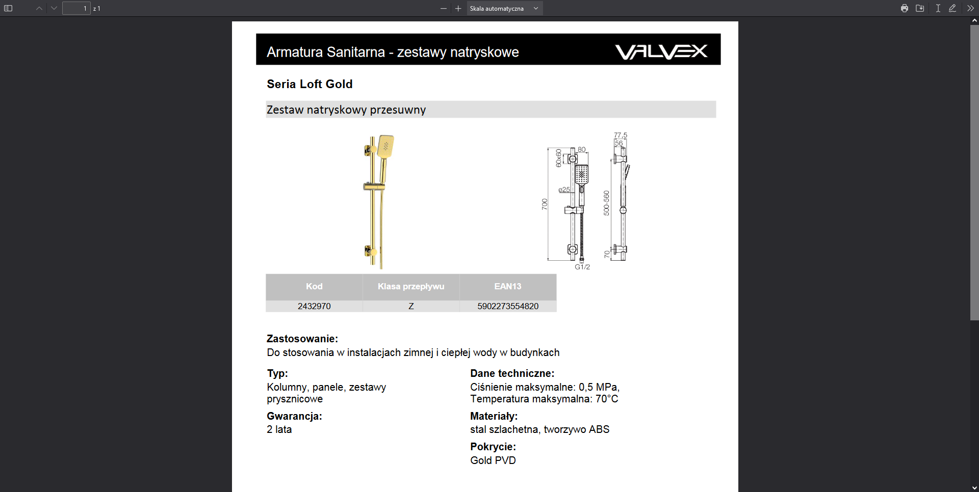 2432970 LOFT GOLD zestaw natryskowy przesuwny 3 funkcyjny złocony Valvex