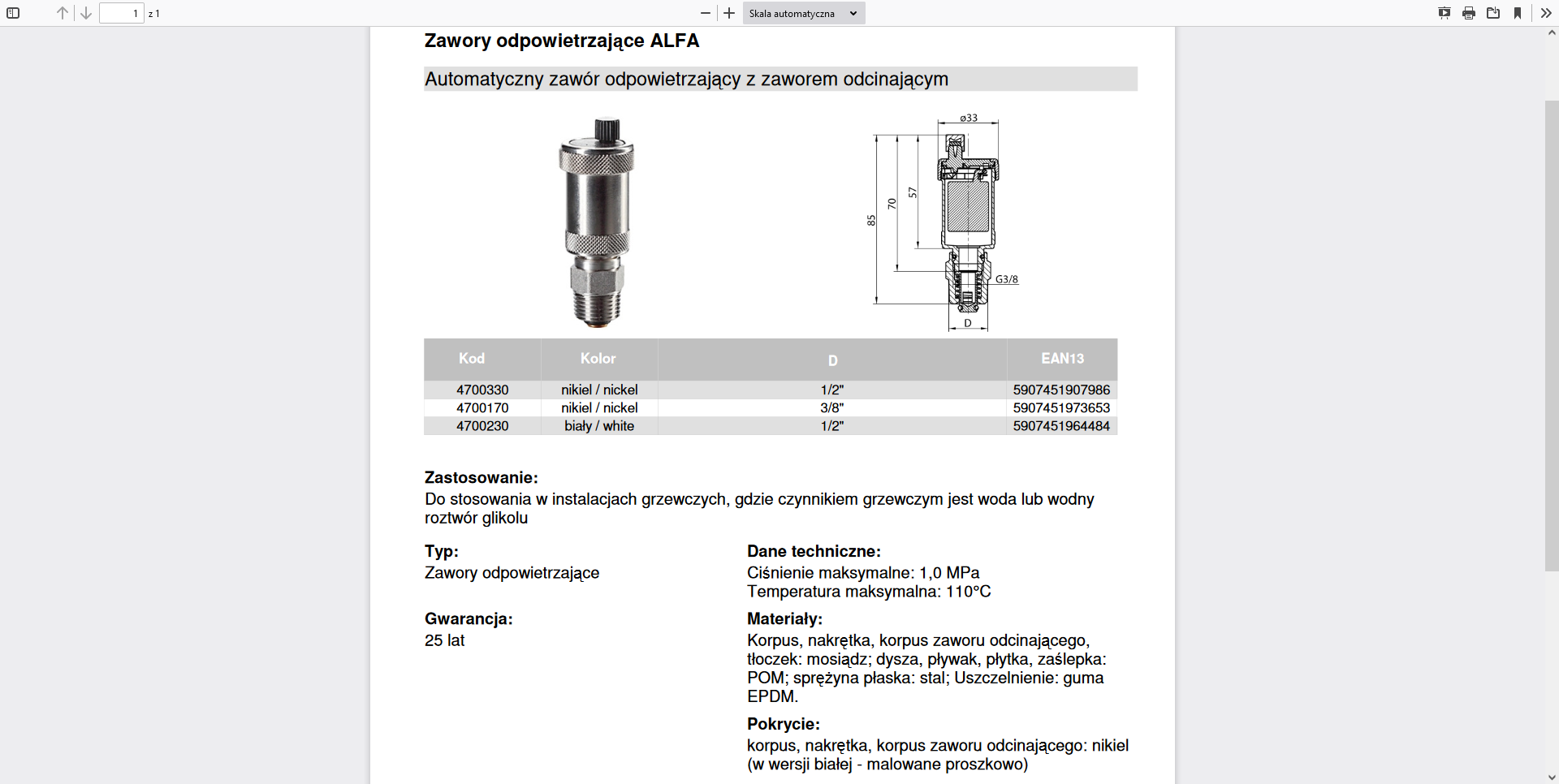 ALFA Automatyczny zawór odpowietrzający z zaworem odcinającym biały 1/2'' 4700230 Valvex