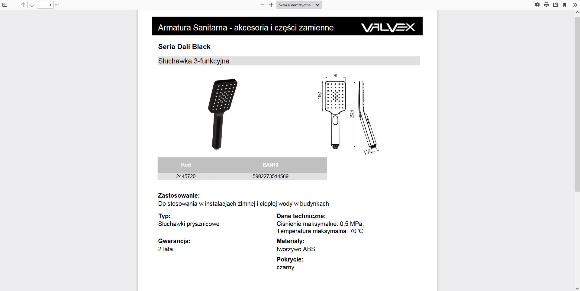 2445720 DALI BLACK Słuchawka czarna 3 funkcyjna  Valvex