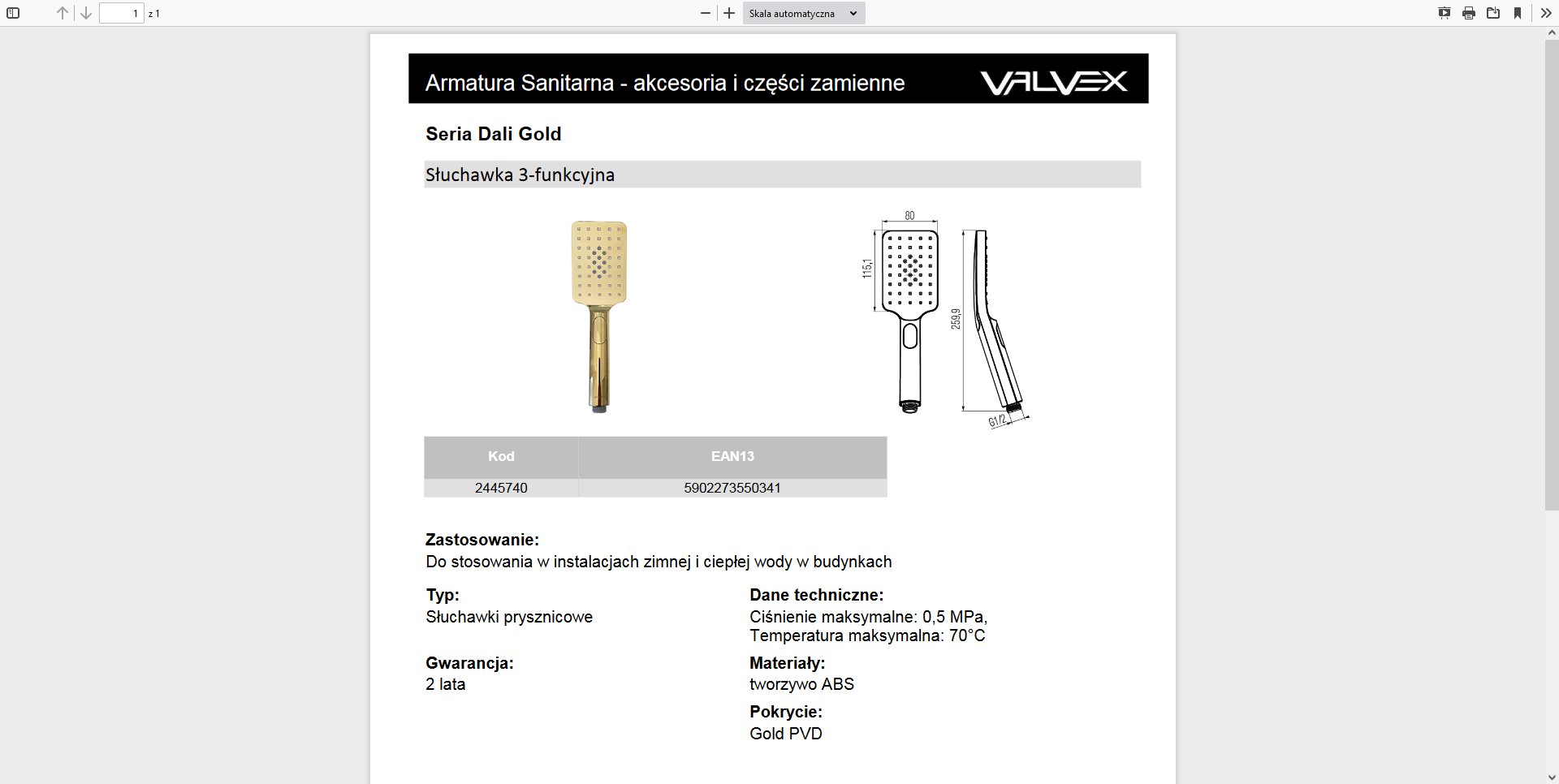 2445740 DALI GOLD Słuchawka złocona 3 funkcyjna Valvex