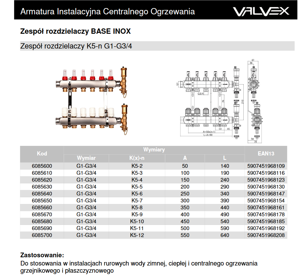 Zespół rozdzielaczy BASE INOX K5-10 G1"-G3/4" n=10 K5-10 G1"-G3/4" n=10 6085680 Valvex