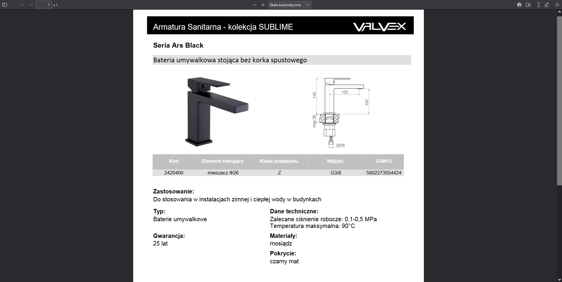 2420450 ARS  bateria umywalkowa stojąca bez korka spustowego BRUSCHED GOLD Valvex