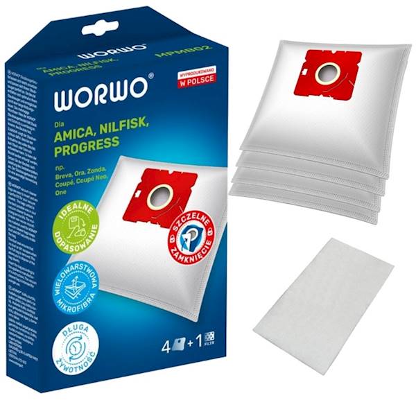 Worki do odkurzacza MPMB02 WORWO, 4 sztuki + filtr