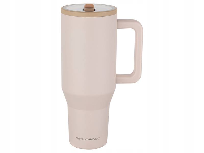 Kubek termiczny 1100 ml ze stali nierdzewnej – beżowy, próżniowy, ze słomką i uchwytem