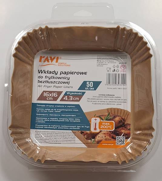 Wkłady papierowe do frytkownicy beztłuszczowej 16×16 cm – 50 szt., jednorazowe, odporne na tłuszcz i temperaturę
