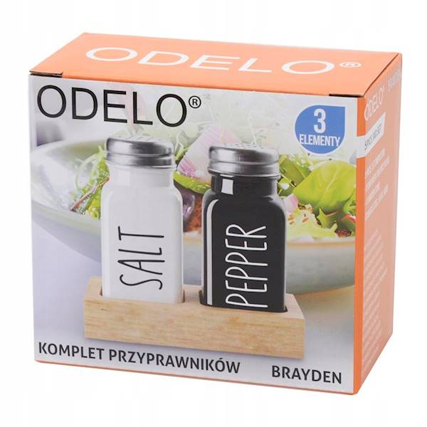 Komplet przyprawników Odelo 2×80 ml + drewniana podstawka – elegancki zestaw do soli i pieprzu