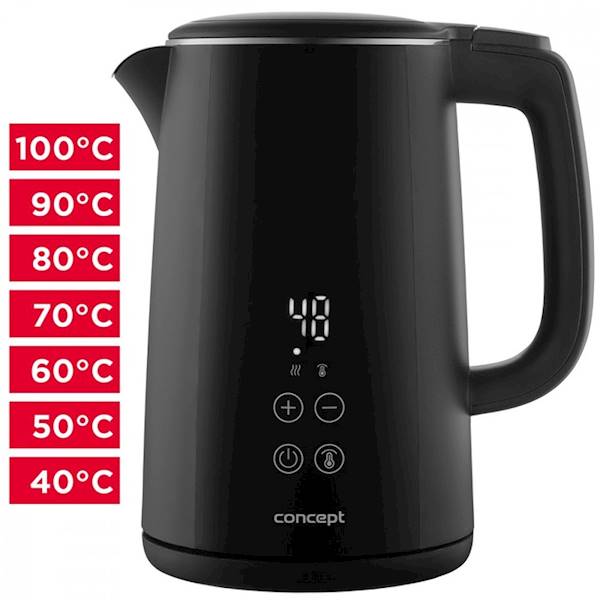 Czajnik elektryczny Concept RK3360 1,5 L – regulacja temperatury, 2200 W, Cool Touch, czarny