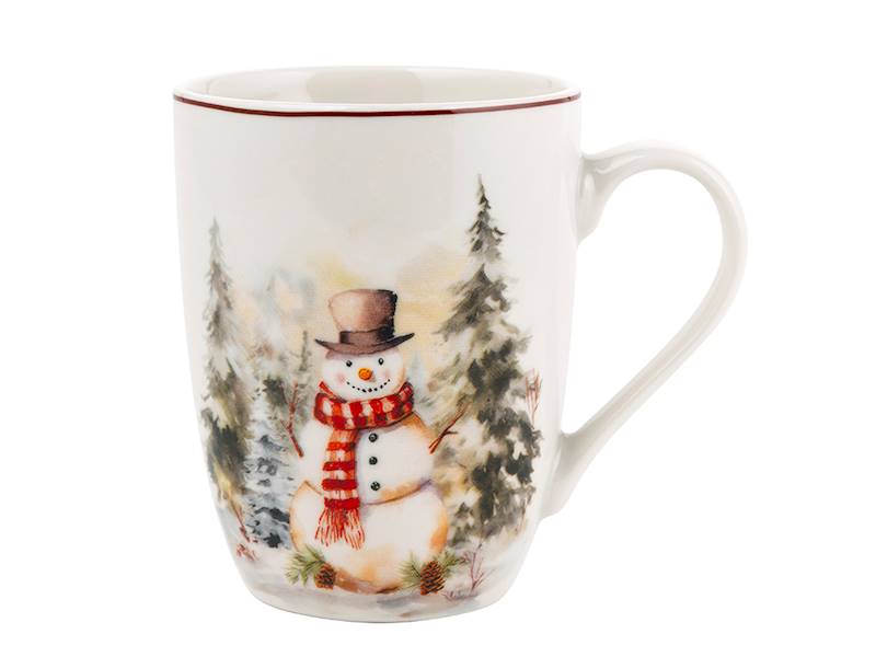 Kubek świąteczny Florina Vintage 330 ml – porcelanowy kubek z zimowym pejzażem, choinkami i bałwankiem