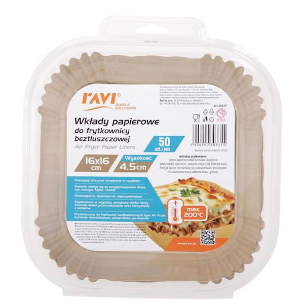 Wkłady papierowe do frytkownicy beztłuszczowej 16×16 cm – 50 szt., jednorazowe, odporne na tłuszcz i temperaturę