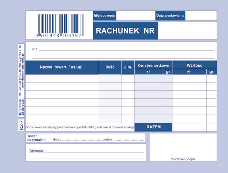 Rachunek A6 dla zwol. z Vat RZ-7 poziom T/U
