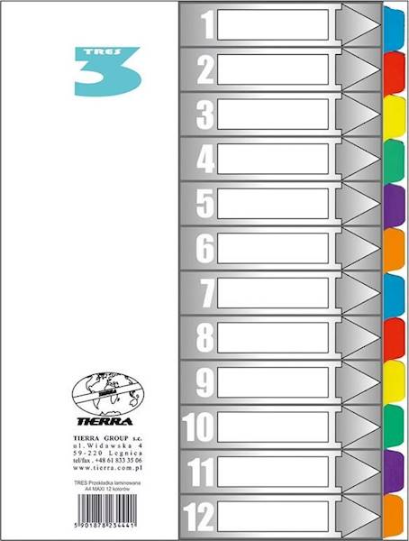Przekładki do segr. A4 12 kol kart lamin MAXI TRES