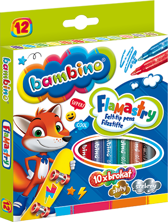 Flamastry 12 kol. BAMBINO 10 brokat+złoty i srebr.